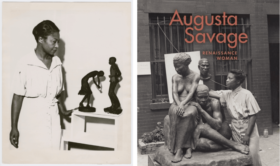 two images: a photo of a Black woman stands looking at two figural sculptures on a pedestal and the cover of the book Augusta Savage