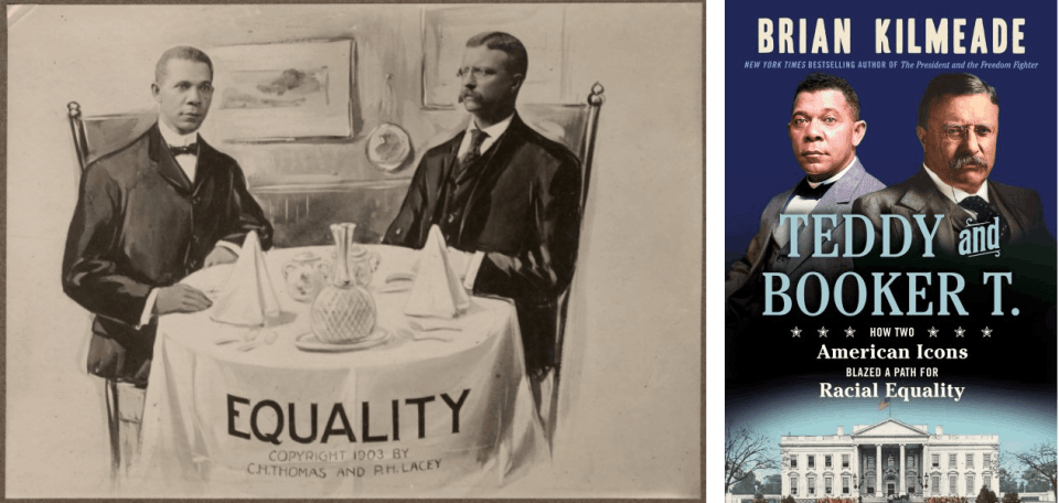 drawing of Booker T. Washington and Teddy Roosevelt sitting at a table. "Equality" is written in large letters on the tablecloth.