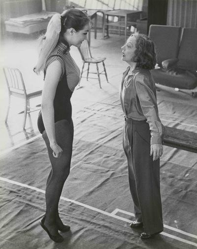 Newmar rehearses with Tallulah Bankhead for Ziegfeld Follies, 1956.