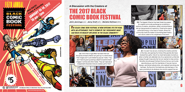 Left: Four comic book characters are flying in the air, a young Black male teenager is standing on the left reading a comic book. The words Fifth Annual Black Comic Book Festival is on the upper left side. Center and let: Photograph with the caption appea