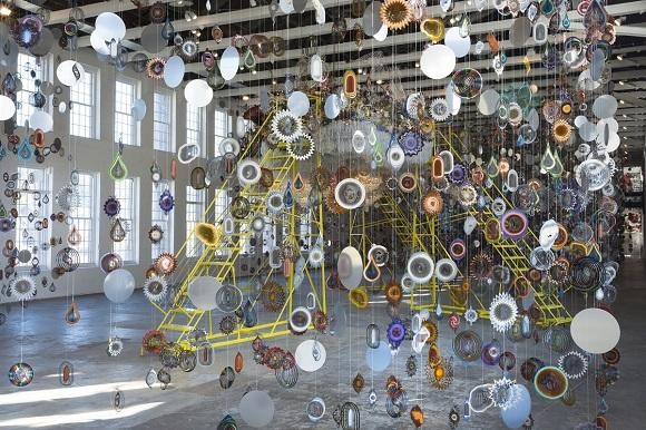 Kinetic Spinner Forest and Crystal Cloudscape in Nick Cave: Until  at MASS MoCA, 2016, mixed media. Photo, James Prinz.