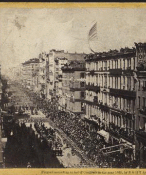 Abraham Lincoln’s funeral procession through New York City.  In this view of Broadway, Lincoln’s casket can be seen, surrounded by the Seventh Regiment. The Miriam and Ira D. Wallach Division of Art, Prints and Photographs. GIF made with the NYPL Labs Stereogranimator.