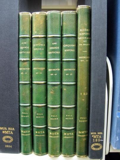First and early editions of Beethoven symphonies, from the library of the Beethoven Association (recognizable from their green leather bindings)