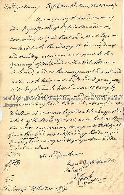Captain Cook&#039;s Letter about Mouldy bread on the HMS Resolution