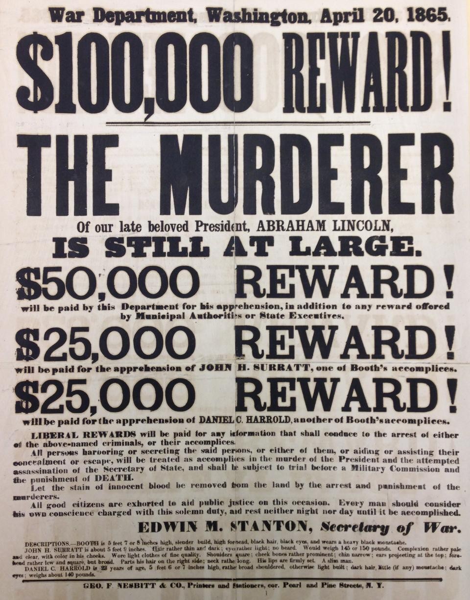 New York printing of the wanted poster for John Wilkes Booth, John Surratt, and David Herold, here incorrectly identified as Daniel Harrold. Rare Book Division.