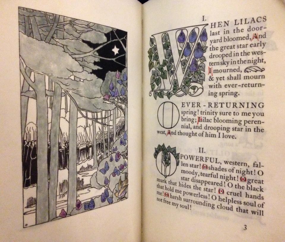 Opening pages of Walt Whitman’s “When Lilacs Last in the Dooryard Bloom’d,” privately printed on vellum and hand-colored by the Essex House Press, 1900. Rare Book Division, Oscar Lion Collection of Walt Whitman.