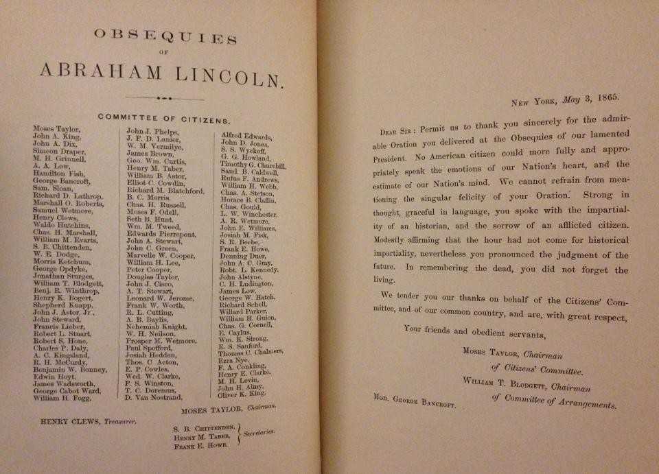 Account of Abraham Lincoln’s obsequies, held in Union Square on April 25, 1865 and led by George Bancroft. Rare Book Division, Stuart Collection.