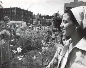 1975 image of Liz Christy in one of her Lower East Side gardens. Courtesy of Donald Loggins.
