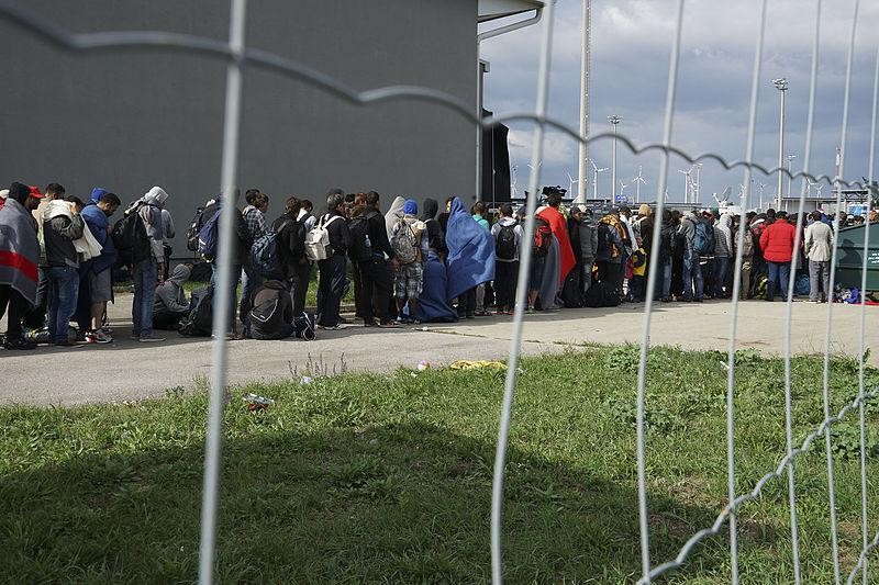 A line of Syrian refugees waiting to enter Austria from Hungary