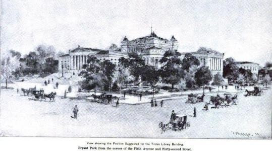 John Bigelow's and Ernest Flagg's vision of the Tilden Library in Bryant Park (Scribner's Magazine, Sept. 1892)