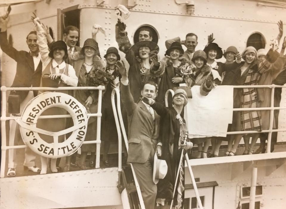 Photograph of Ruth St. Denis and Ted Shawn (foreground), with the Denishawn Dancers, departing for Japan aboard the President Jefferson in 1925