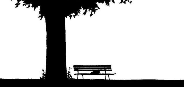 black and white graphic of a park bench under the shade of a tree