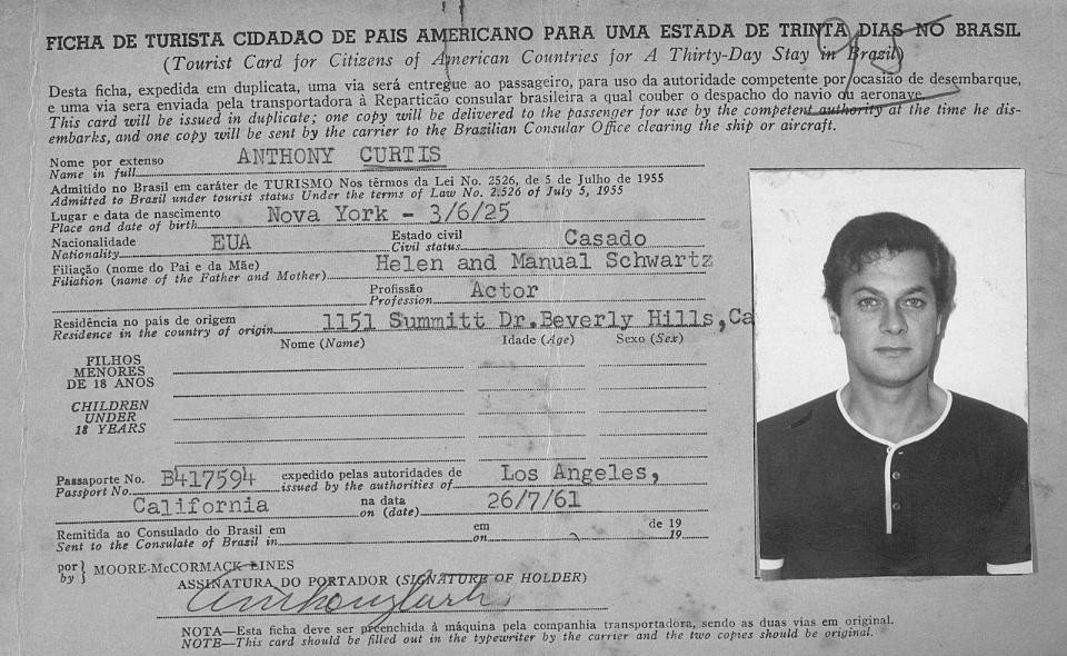 Tony Curtis, tourist visa from Brazil, including photo