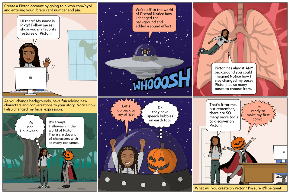 A six panel comic showing a girl sitting in front of a computer signing in to Pixton, then she moves to outer space, inside a human body, and into a forest