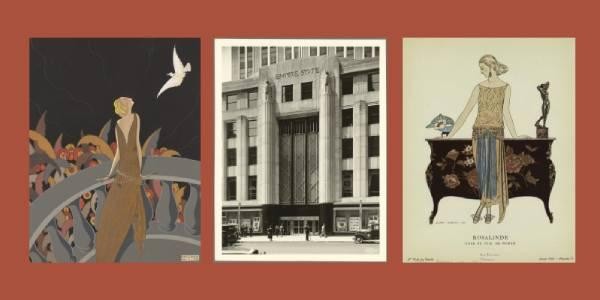 two art deco illustrations of women and a photo of a building facade in an art deco style