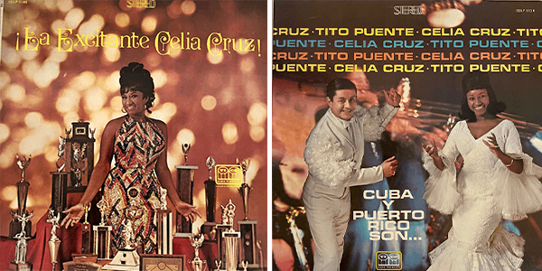 wo album covers. On the right, Cruz is wearing a multicolored dress and surrounded by trophies. On the left, Cruz is standing with Tito Puento with musicians playing in the background. 