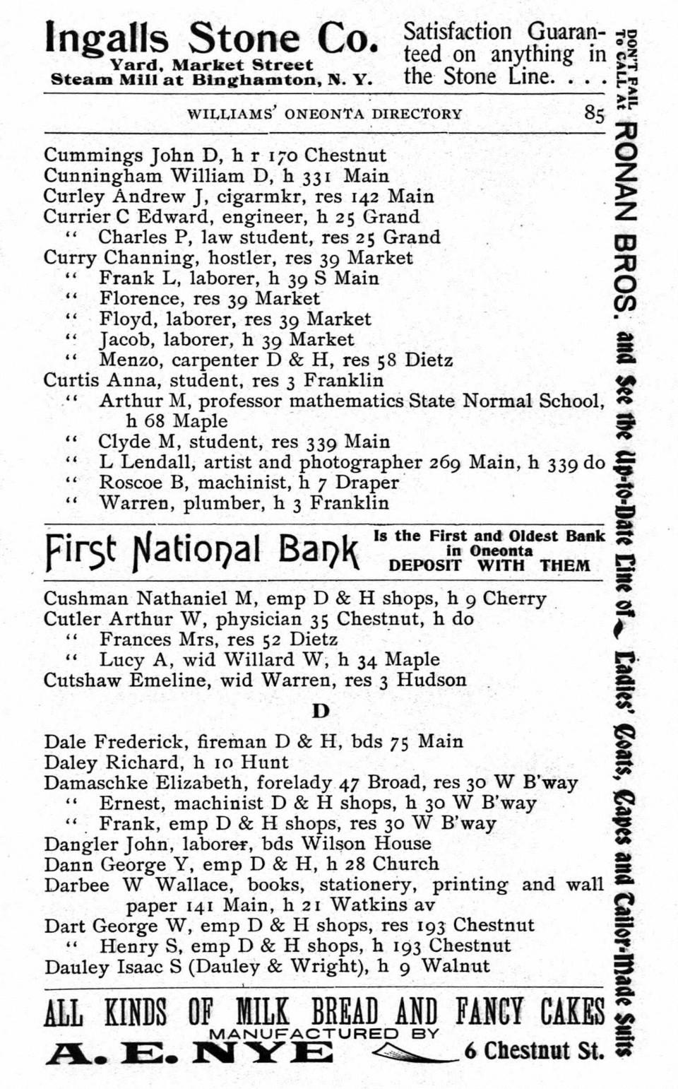 Listings from 1901 Oneonta Directory