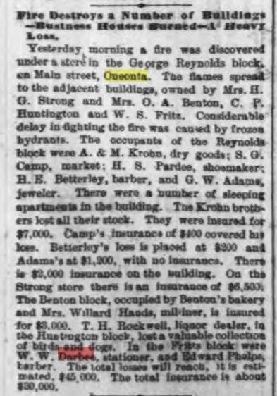 Newspaper story about a fire in the Troy Daily Times, March 1888