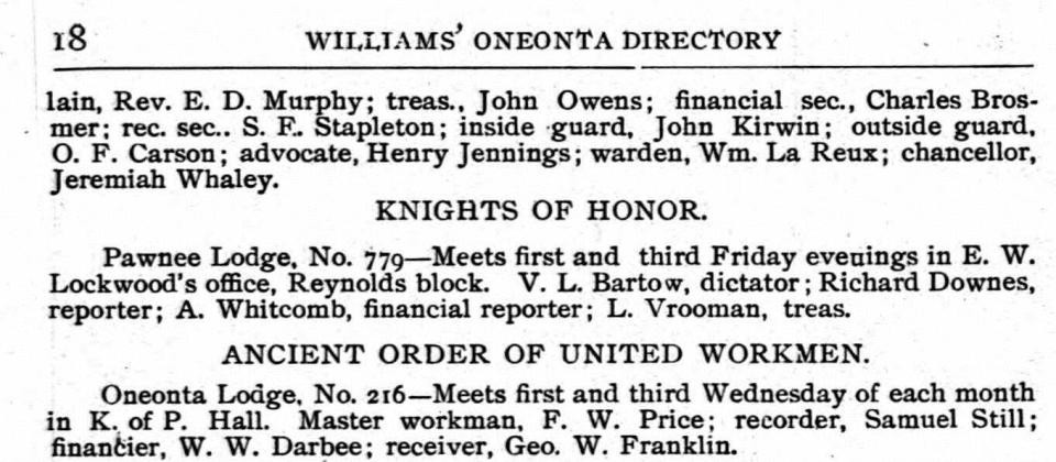 Detail of the 1901 Oneonta Directory, including Ancient Order of United Workmen