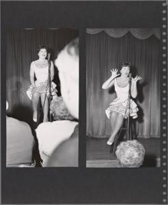Dorothy Loudon performs at the Sahara in Las Vegas in July 1961, in a photograph mounted in one of her scrapbooks