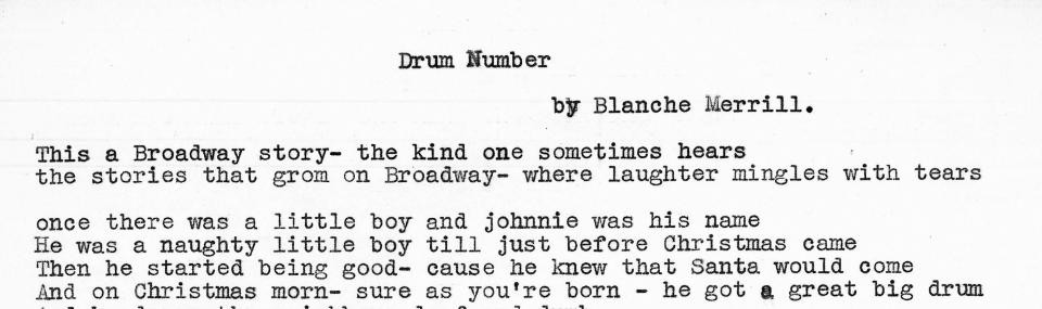 Top of the typewritten page entitled Drum Number, followed by the beginning of the poem by Blanche Merrill
