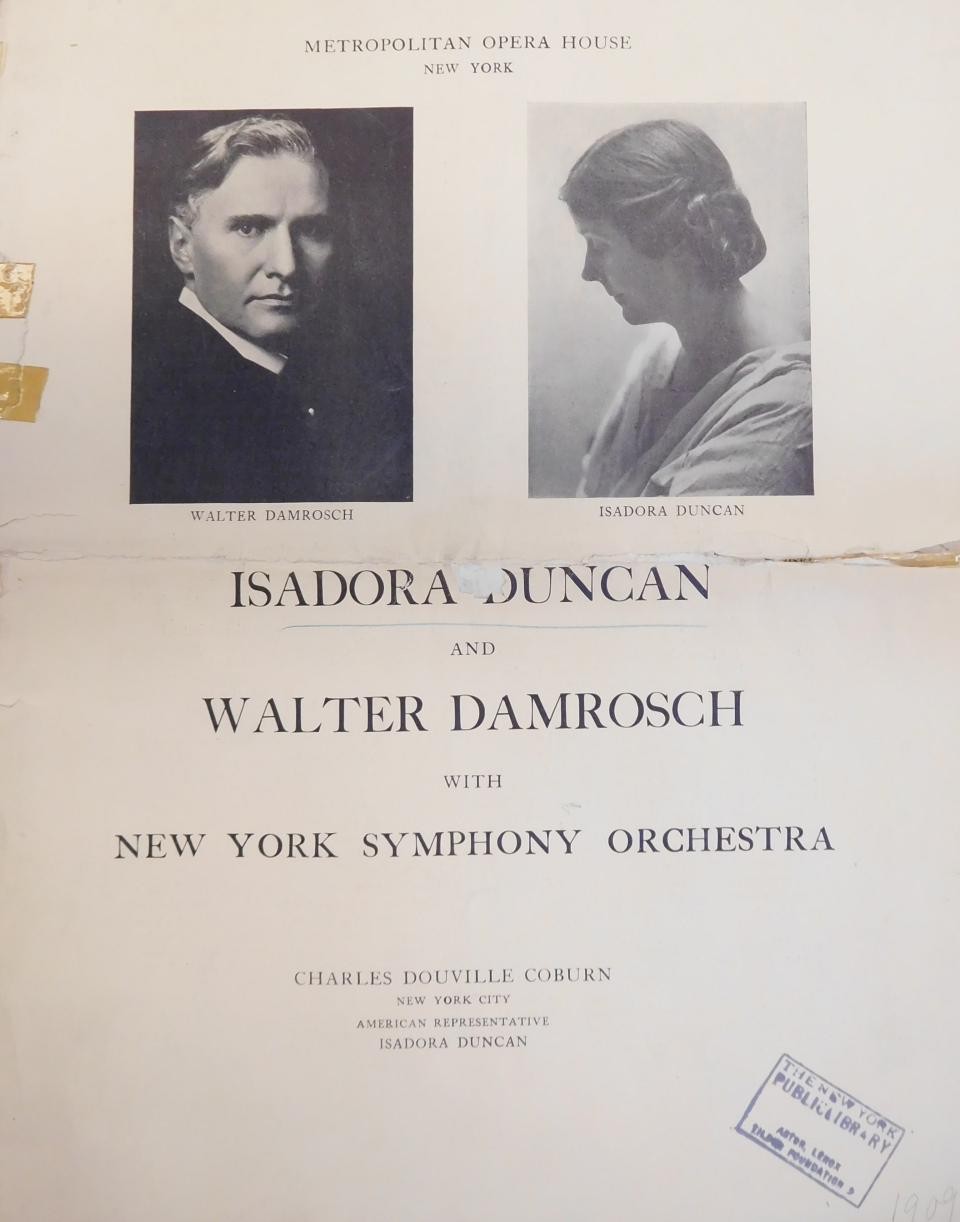 Program for Duncan’s appearances with the New York Symphony Orchestra under the direction of Walther Damrosch, 1909. Isadora Duncan clippings, *MGZRC 78.