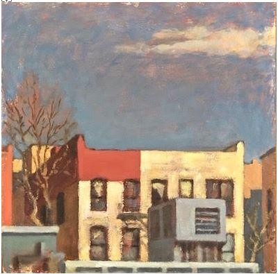 Painting of a building with blue sky behind it