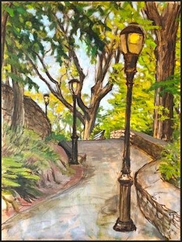 Painting of a stairway path in the park with a lamp