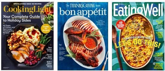 covers of three magazines showcasing Thanksgiving food