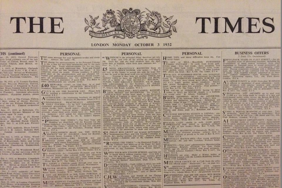 The front page of the first edition of The Times with its new typeface