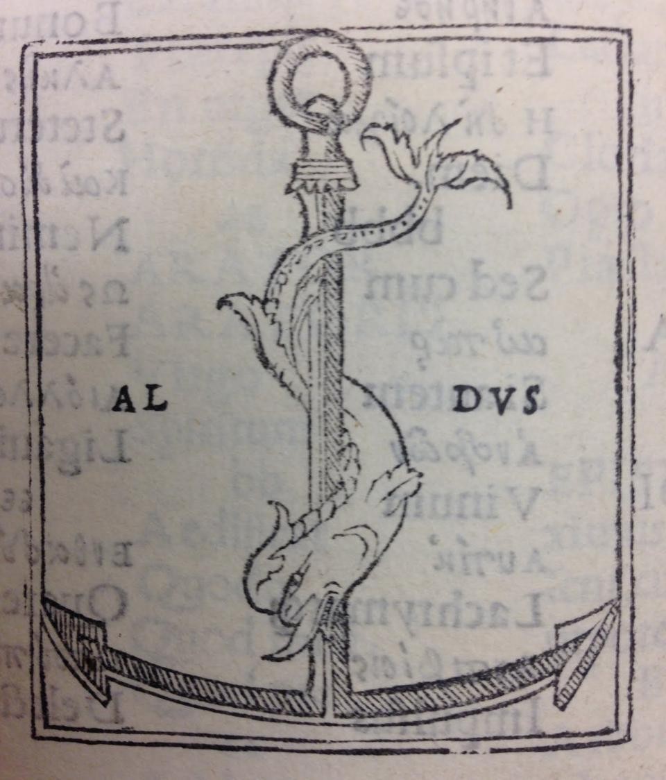 The first appearance of Aldus Manutius&#039; printer&#039;s mark, from Poetae Christiani Veteres, Vol. II, 1501