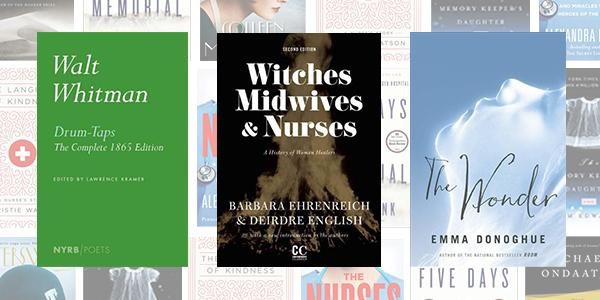 Wall of book covers about nurses and nursing.