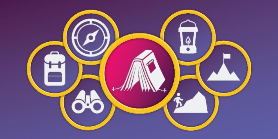 A series of illustrated badges on a purple background, including a book opened page-side down to resemble a tent, a compass, binoculars, a mountain, and more.