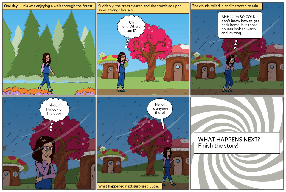 A six panel comic showing a girl walking through the forest when she stumbles upon some magical houses. What happens next?