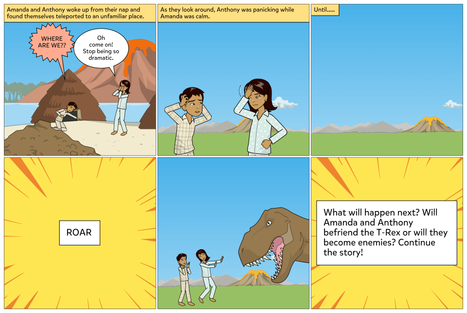 A six panel comic showing a young boy and a girl who have teleported to an unfamiliar place with a dinosaur. What will happen next?
