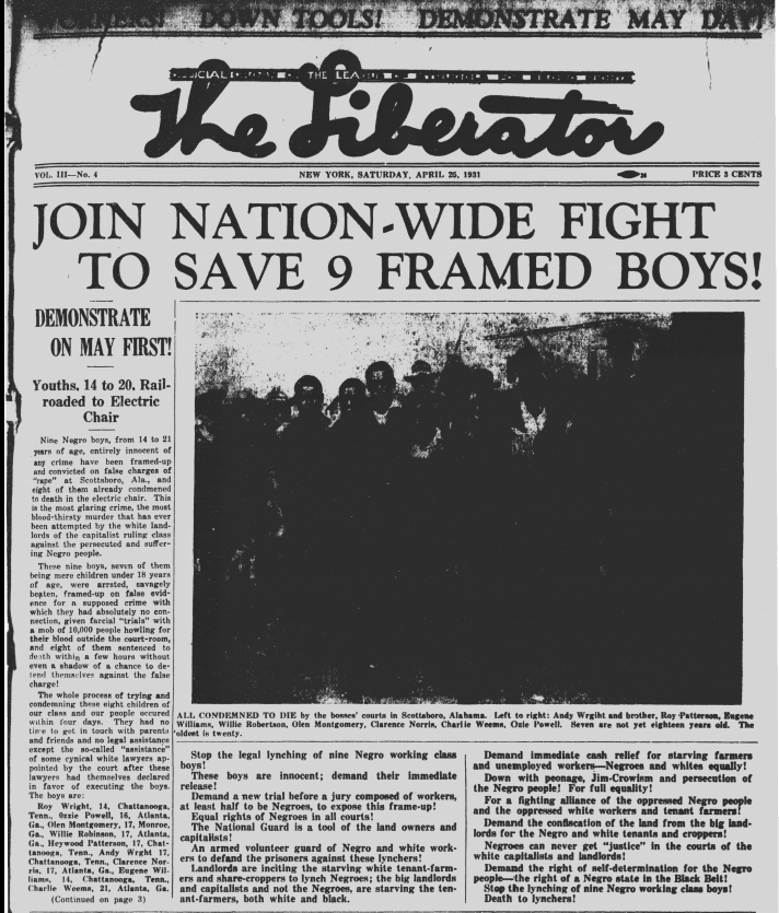 1931 front page of The Liberator with the headline 