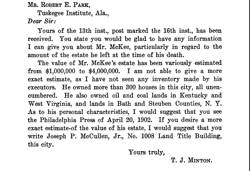 Letter to Park on Colonel Mckee's estate
