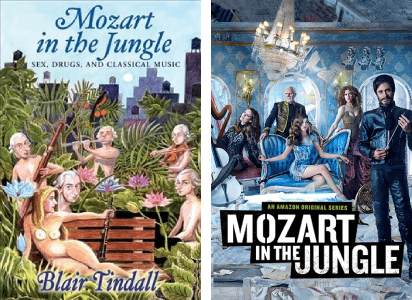 book cover and movie poster for Mozart in the Jungle