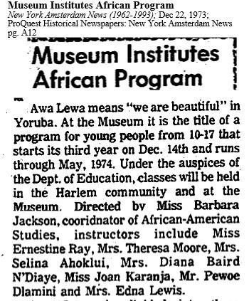 “Museum Institutes African Program”, the New York Amsterdam News, December 22, 1973