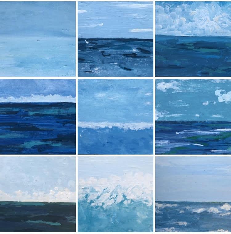 nine paintings of the ocean in varying shades of blue