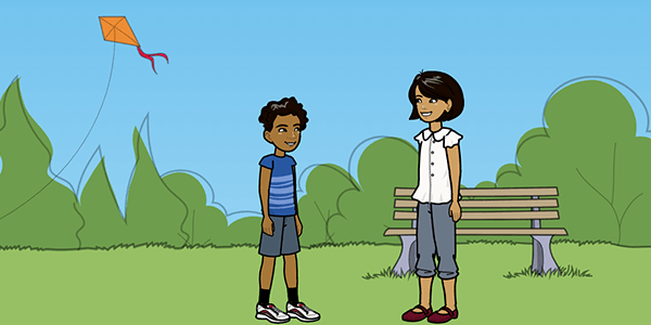 scene created in Pixton depicting a boy and girl talking in a park