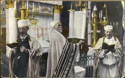 Souriano Postcard from UW Sephardic collection, three men reading Torah 