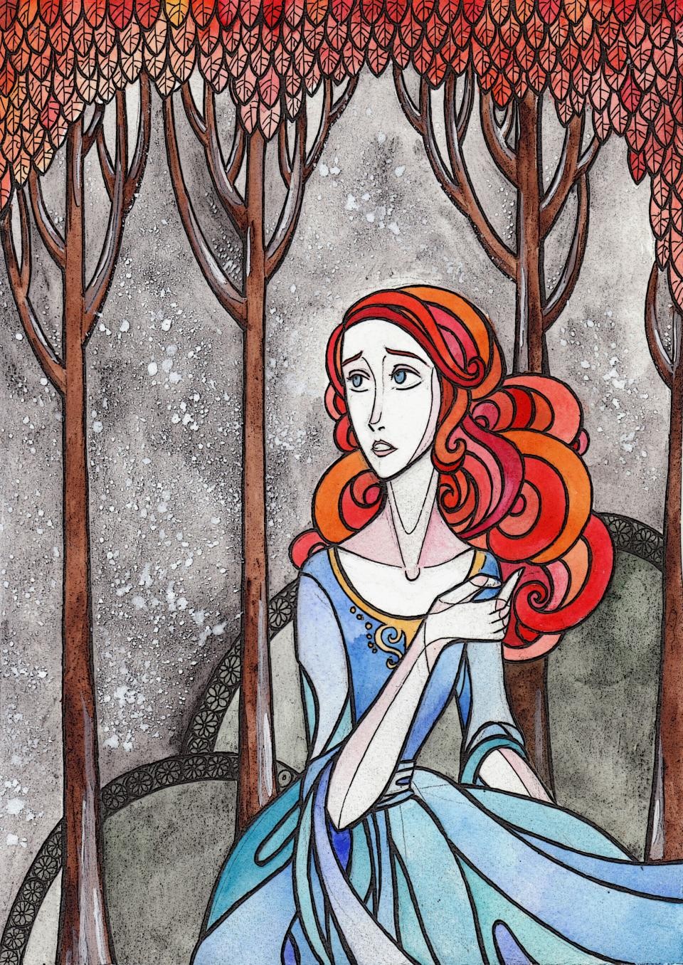 Illustration of Sansa Stark in a weirwood forest
