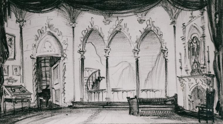 Photograph of a sketch of the scenic design by Stewart Chaney