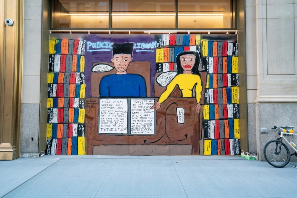 colorful mural on exterior of library