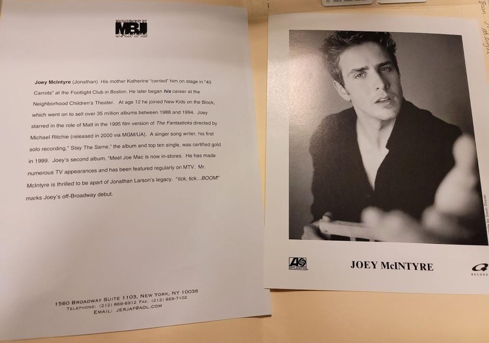 Photograph of Joey McIntyre and press release announcing his casting in the 2001 production.