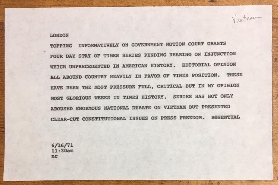 Memo from A.M. Rosenthal to Seymour Topping on the significance of the Pentagon Papers and freedom of the press