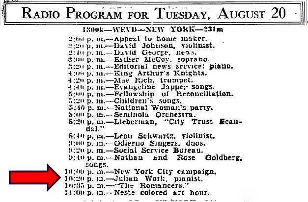 Julian Work listed as playing piano on radio station WEVD on August 20, 1929