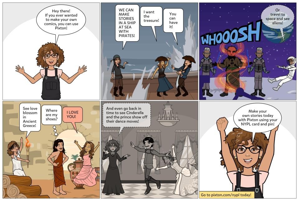 A six panel comic showing a curly-haired girl with glasses exploring Pixton by going to a pirate ship, outer space, ancient Greece, and more