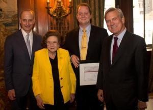 Reporter Shane Harris receives the 2011 Bernstein Award at a June 7 ceremony. Pictured (l-r) are NYPL President Paul LeClerc, Helen Bernstein, Harris and Selection Committee Chair Jim Hoge. Photo by Jonathan Blanc.